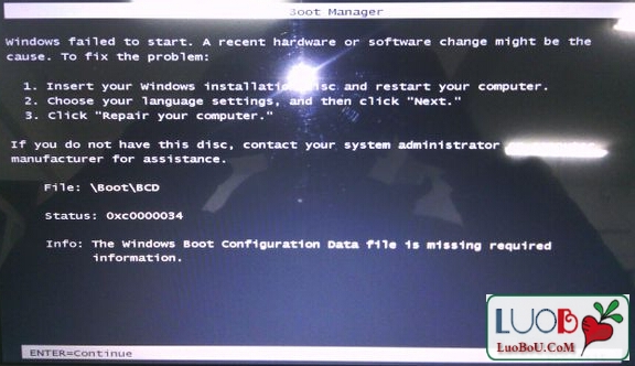 电脑黑屏代码0xc0000034
